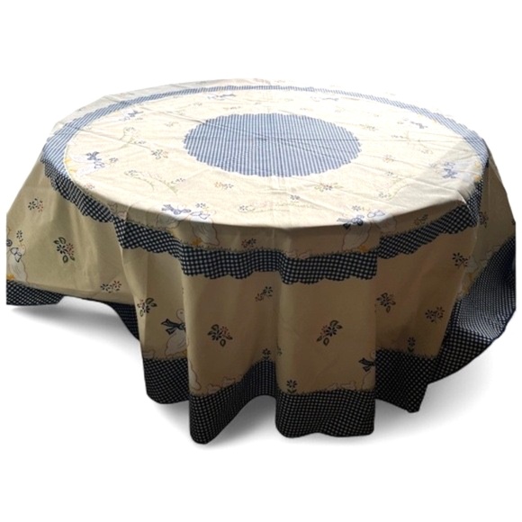 Vintage Blue Ribbon Goose Tablecloth Round 70" D. Floral White Gingham - Picture 1 of 6